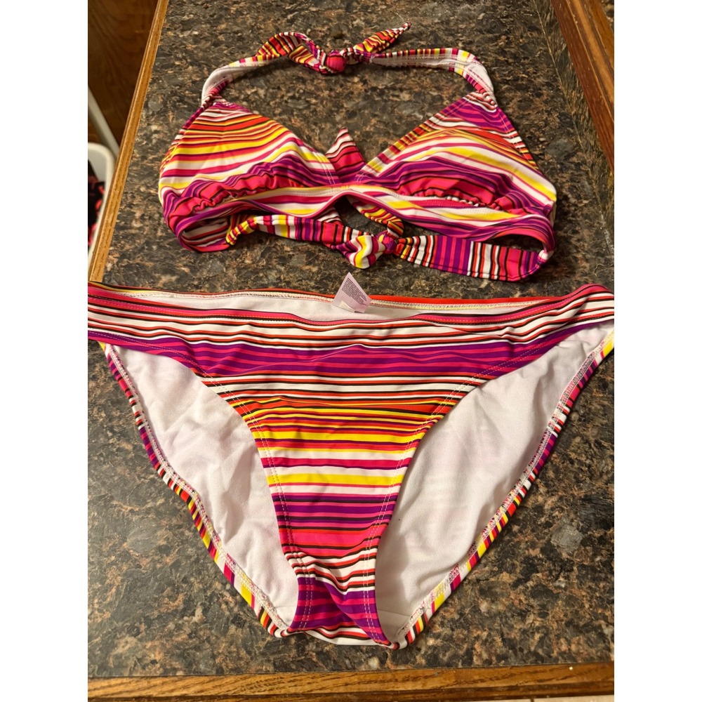 Old Navy Womens Bikini Set Pink Purple Orange‎ Striped Halter Tie Top Large